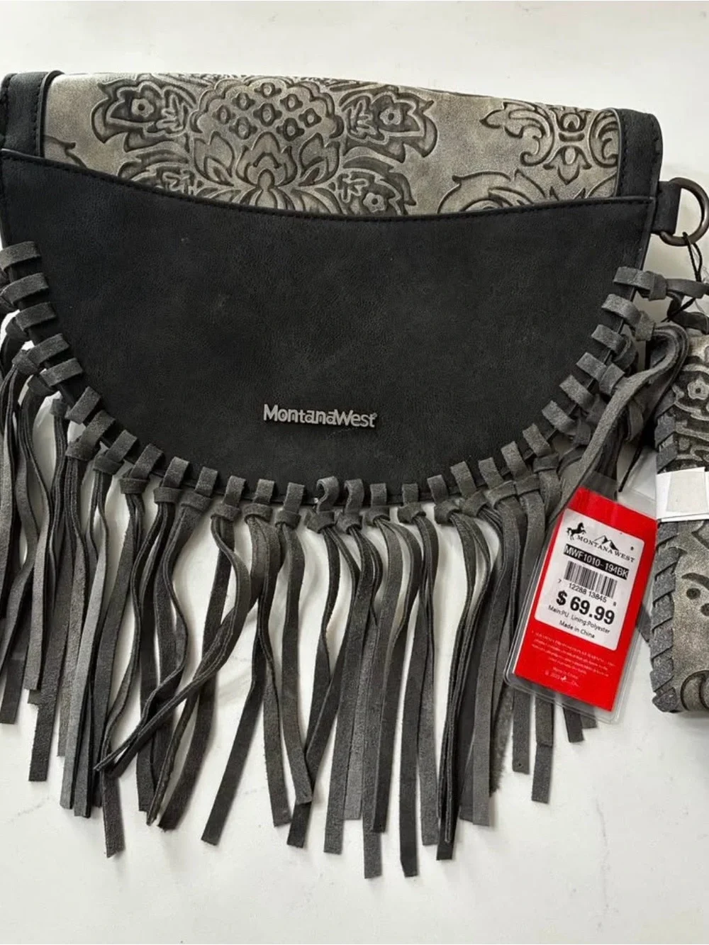 Montana West Gray Embossed Fringe Crossbody Bag